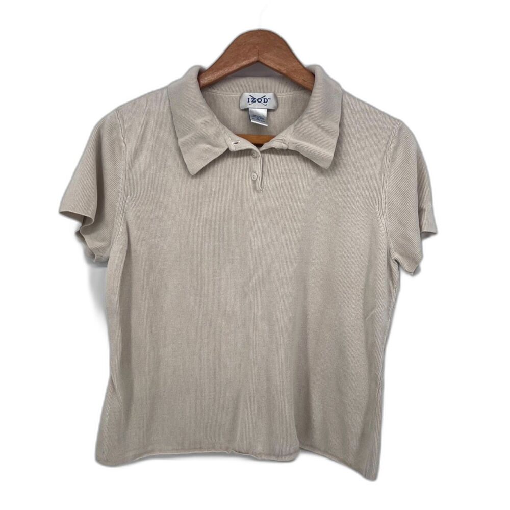 Izod 100% Silk Short Sleeve Collared Basic Neutral Sweater Beige Size XL ***Flaw